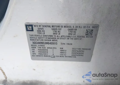 2017 Chevrolet Silverado K1500 Lt из США, поврежденный, VIN 3GCUKREC0HG420013